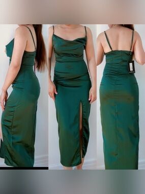 PrettyLittleThing Emerald Green Cowl Neck Midi Slip Dress size 2
